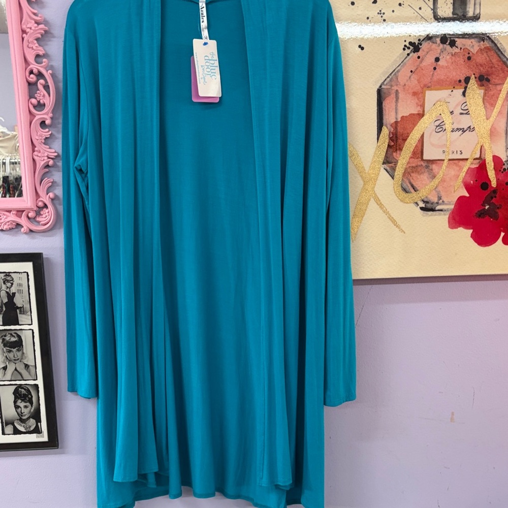 Azules Open-Front Tunic Cardigan in Teal Blue